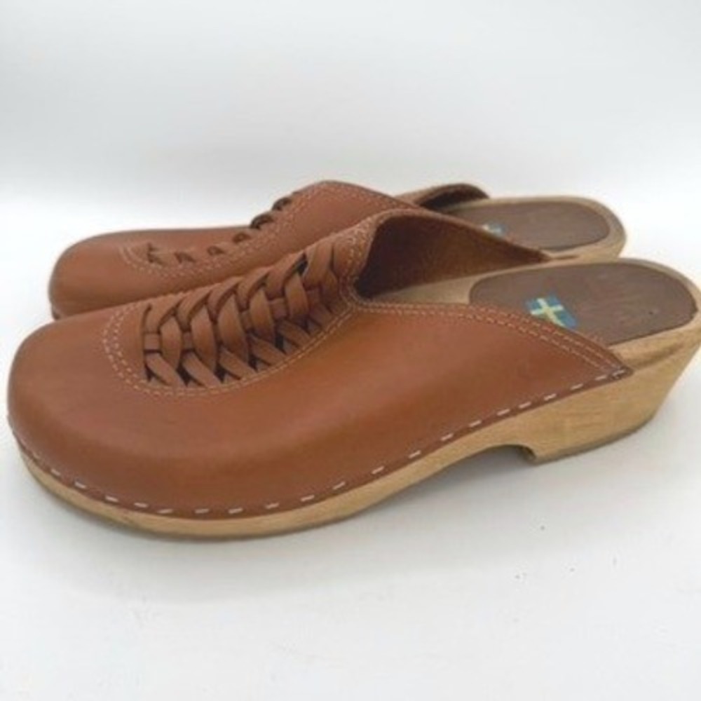 MIA Swedish Clogs Women 40 Leather Mules Tan Hippie Cottage Boho Retro Festival - Picture 3 of 7